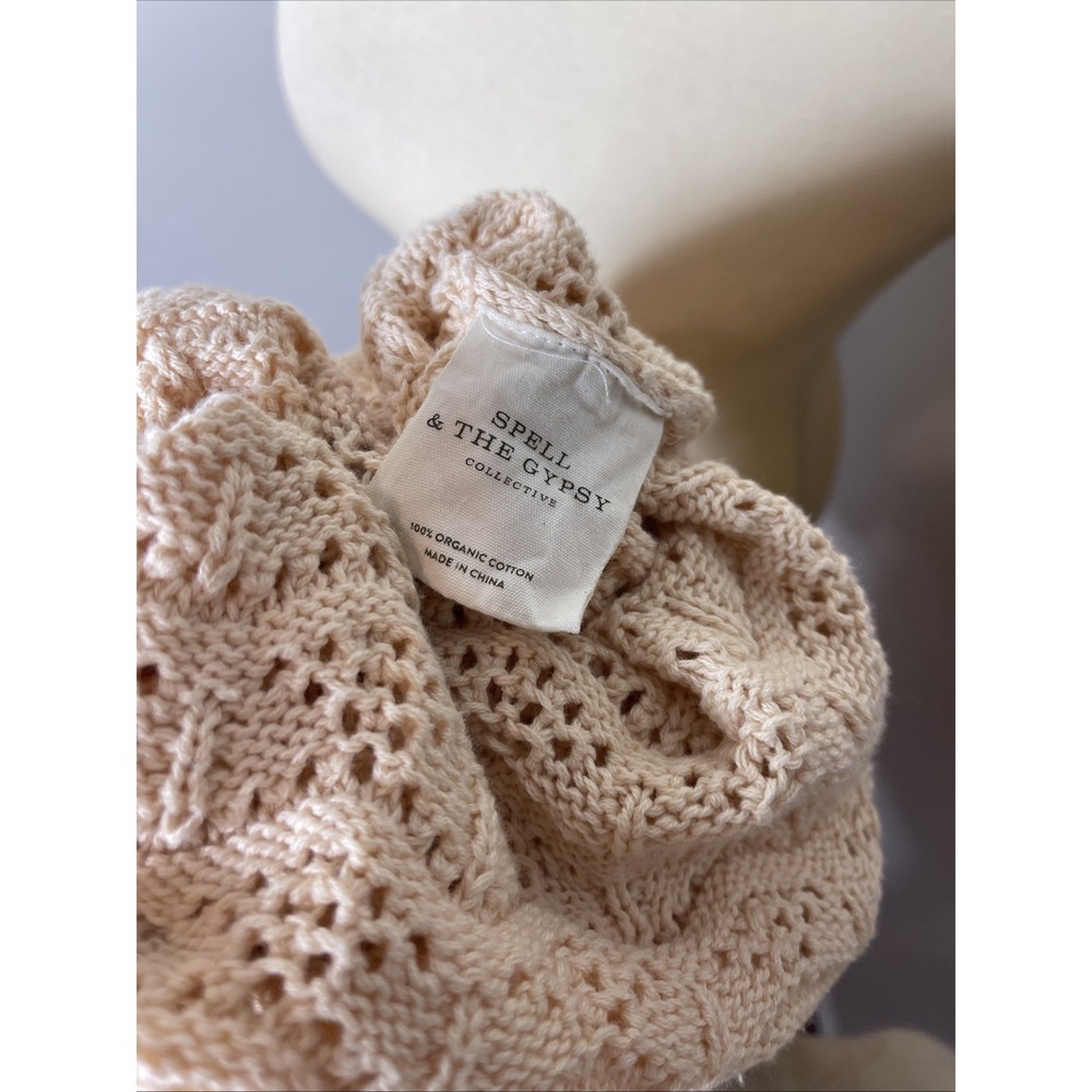 SPELL Road To Paradise Crochet Knit Mini Dress (Sz XS) Long Sleeve Belted Wheat - Picture 10 of 10